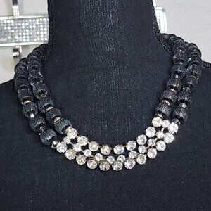Chico's Vintage Black Lace Beads and Clear Rhinestone Double Strand 18" Necklace